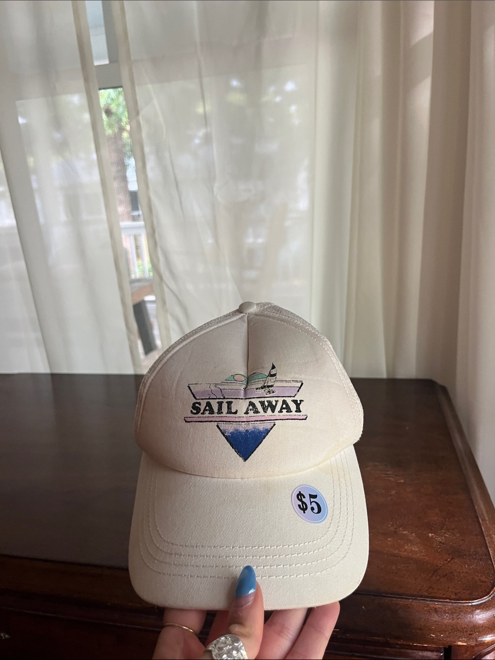 Sail Away Embroidered Baseball Cap - Cream with Blue Accent